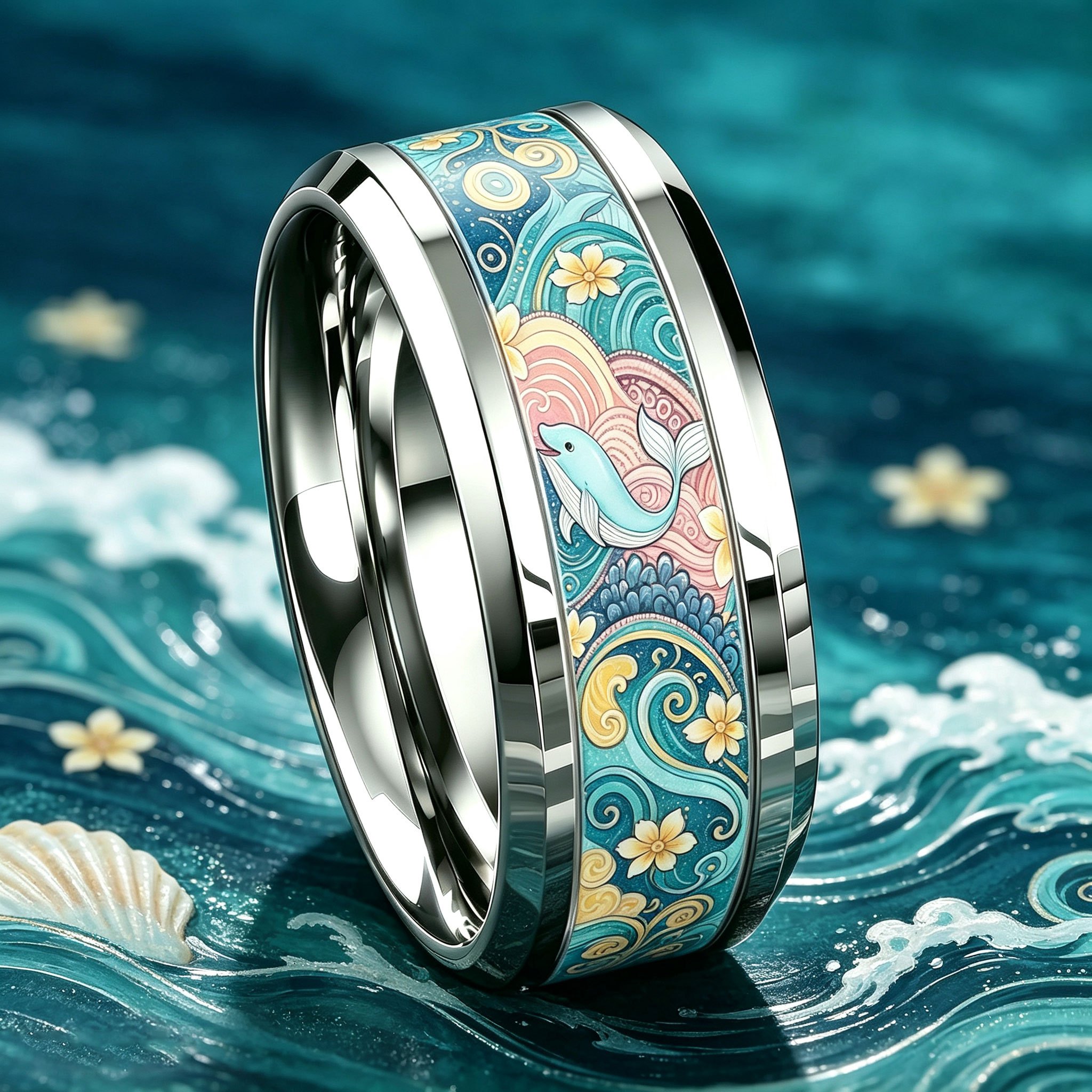 Wavy Dolphin Floral 304L Stainless Steel Ring, Unisex